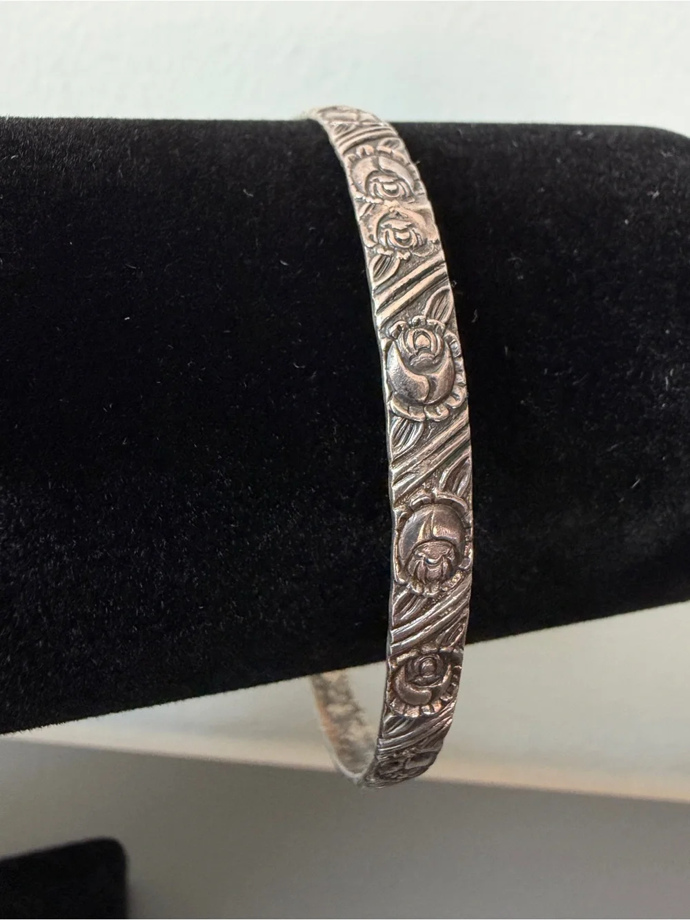 Beau Sterling Floral Rose Bangle Bracelet Vintage Etched Hingeless Slip-On